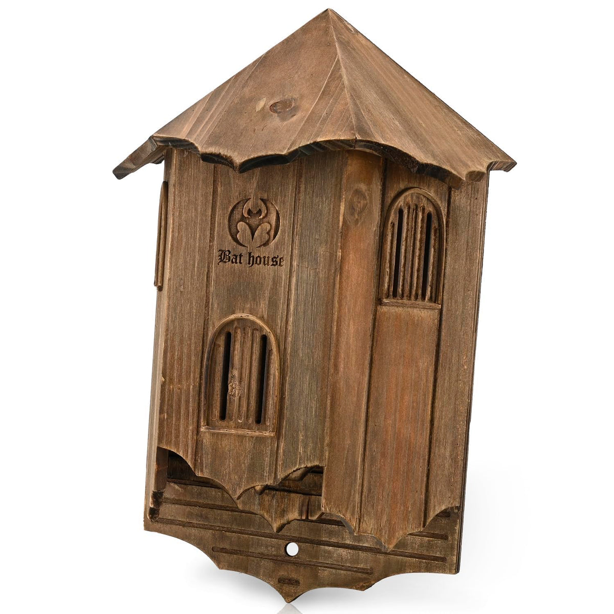 VIREESR front view of Castle 3-chamber bat house shows sturdy entrance and weatherproof benefit