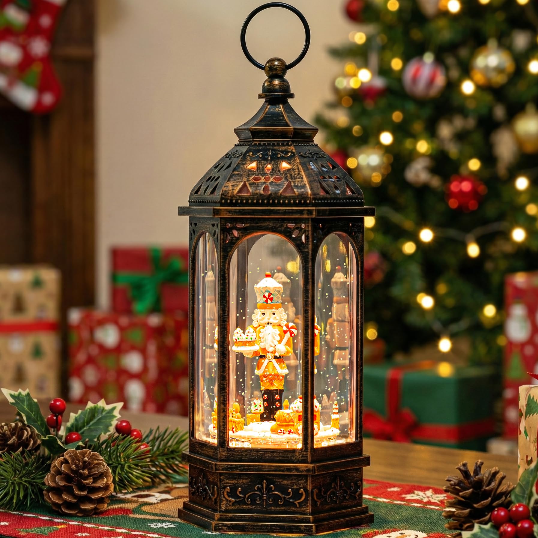 VISFLAIR front view of gingerbread nutcracker globe showing festive lighting benefit