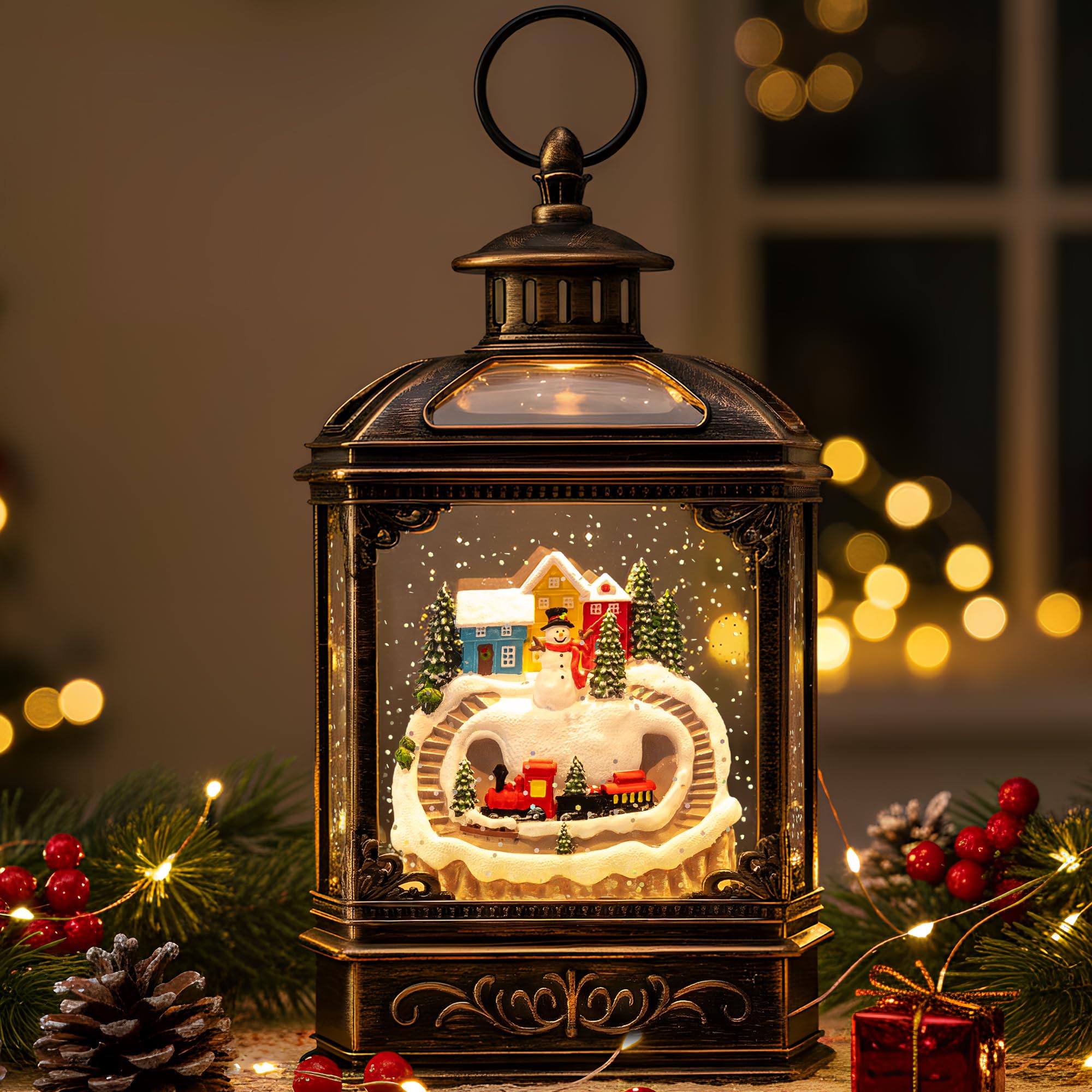 VISFLAIR front view of musical snow globe lantern showing warm light and village scene benefit cozy ambience