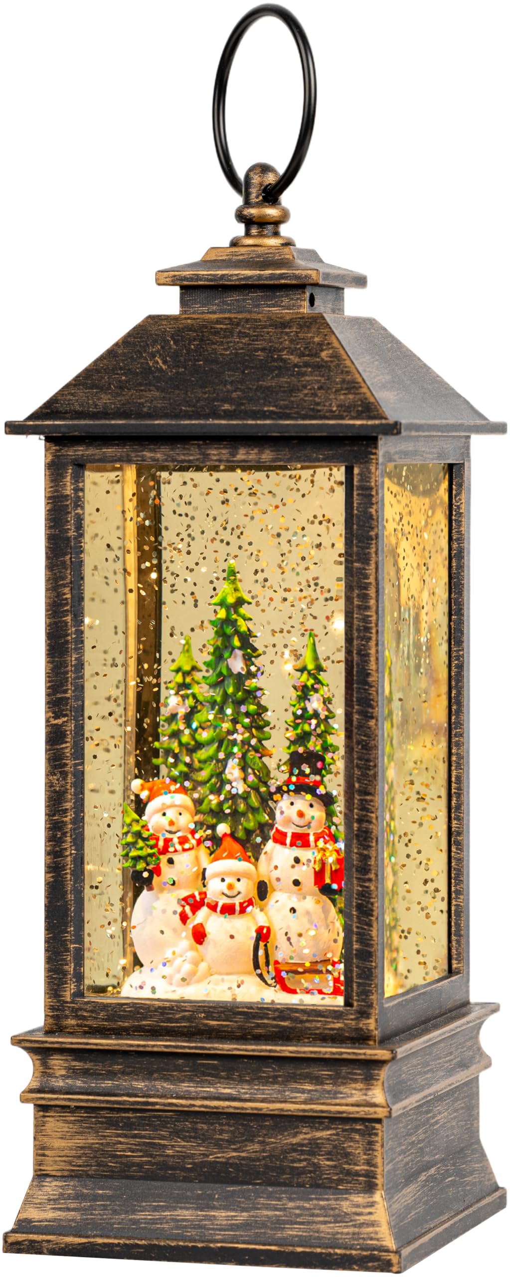 VISFLAIR front view of globe showing snowman family and warm lighting benefit