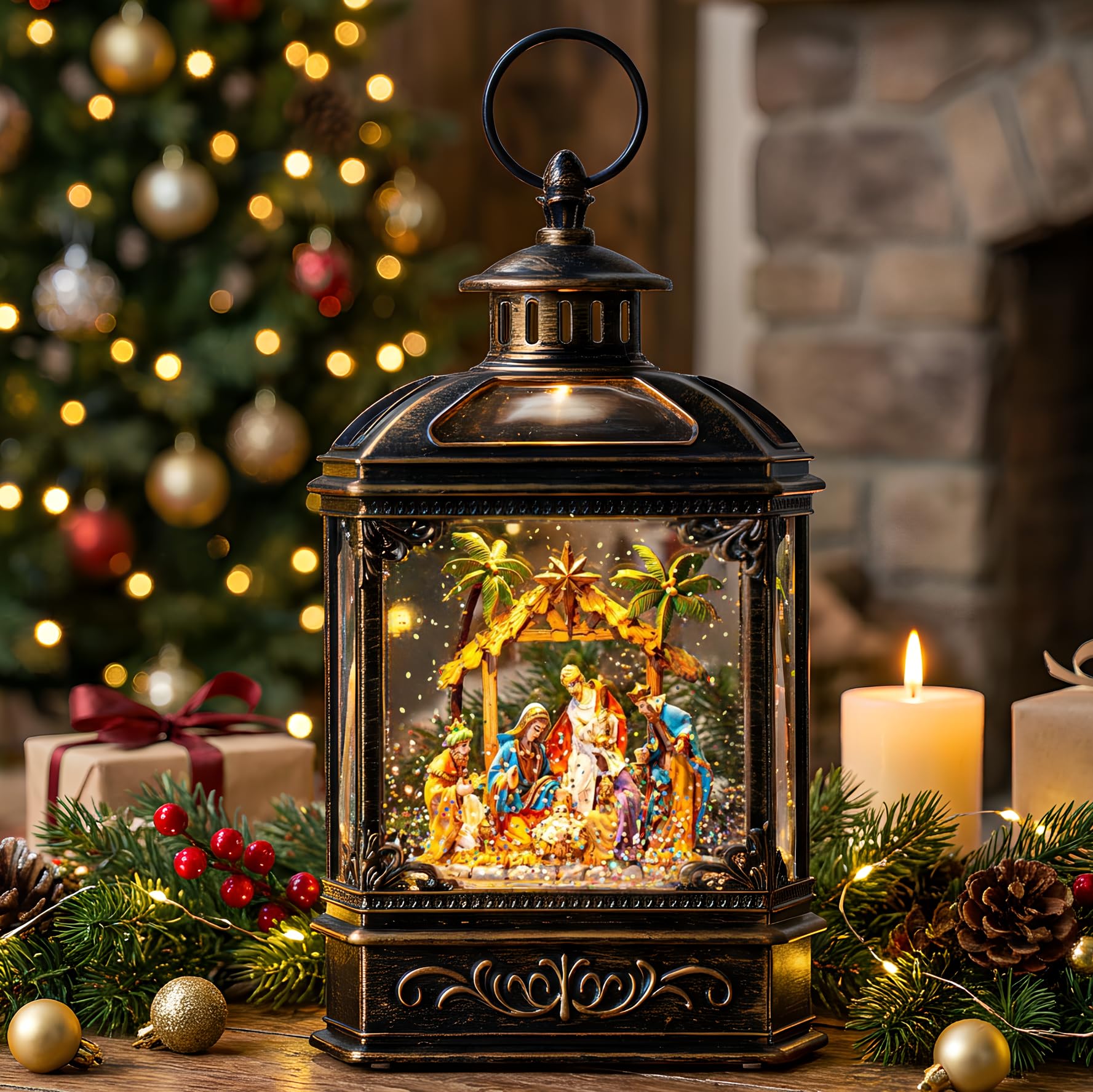 VISFLAIR front view lit nativity globe creating warm holiday ambiance