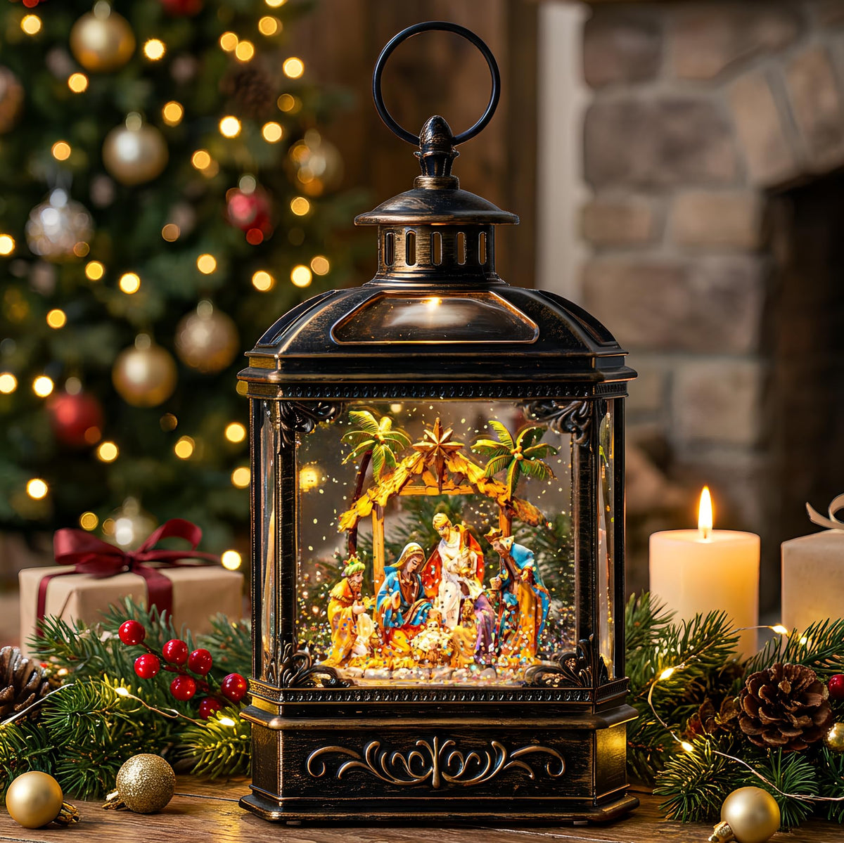 VISFLAIR front view lit nativity globe creating warm holiday ambiance