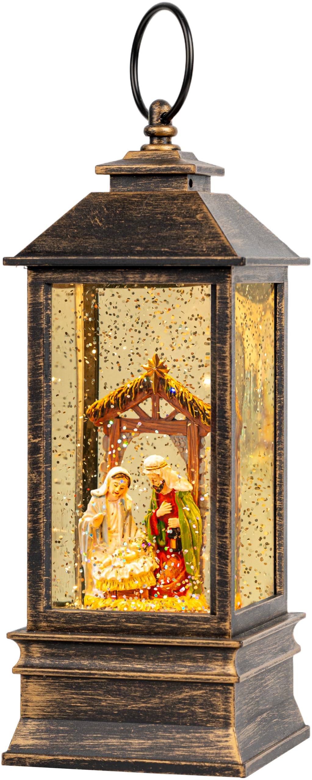 VISFLAIR front view lit nativity globe showcasing warm LED glow
