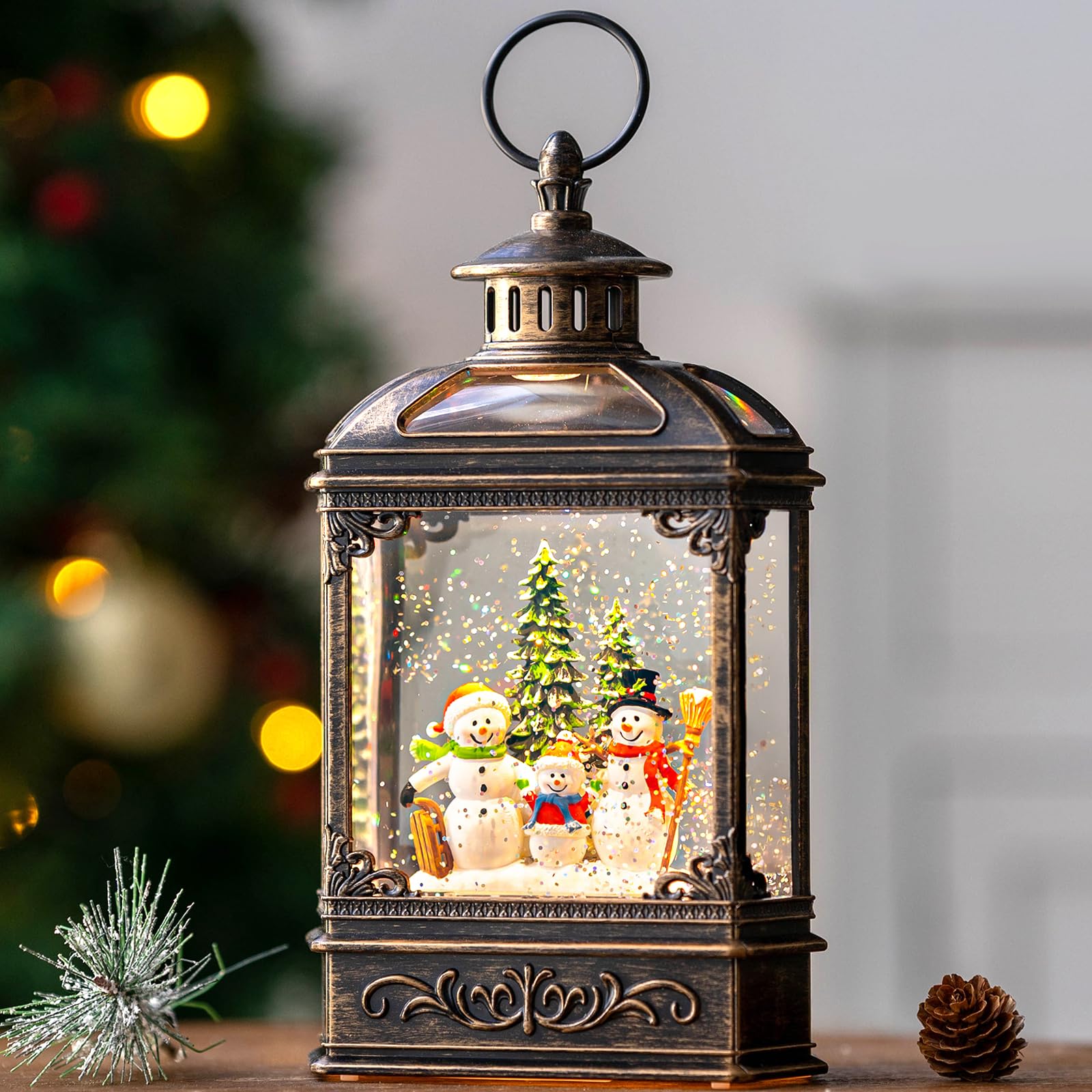 VISFLAIR front view of lit snow globe providing warm holiday glow