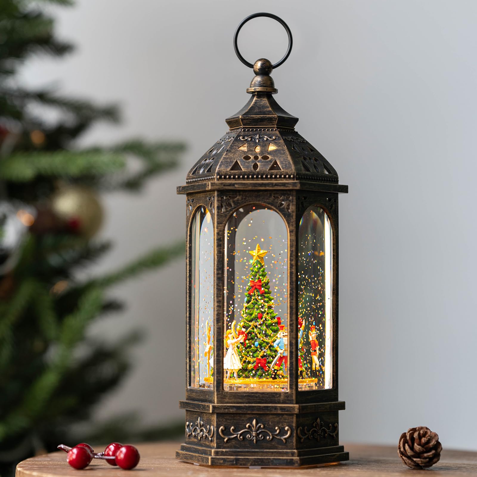 VISFLAIR in room decor on mantel adding musical holiday ambiance to living room