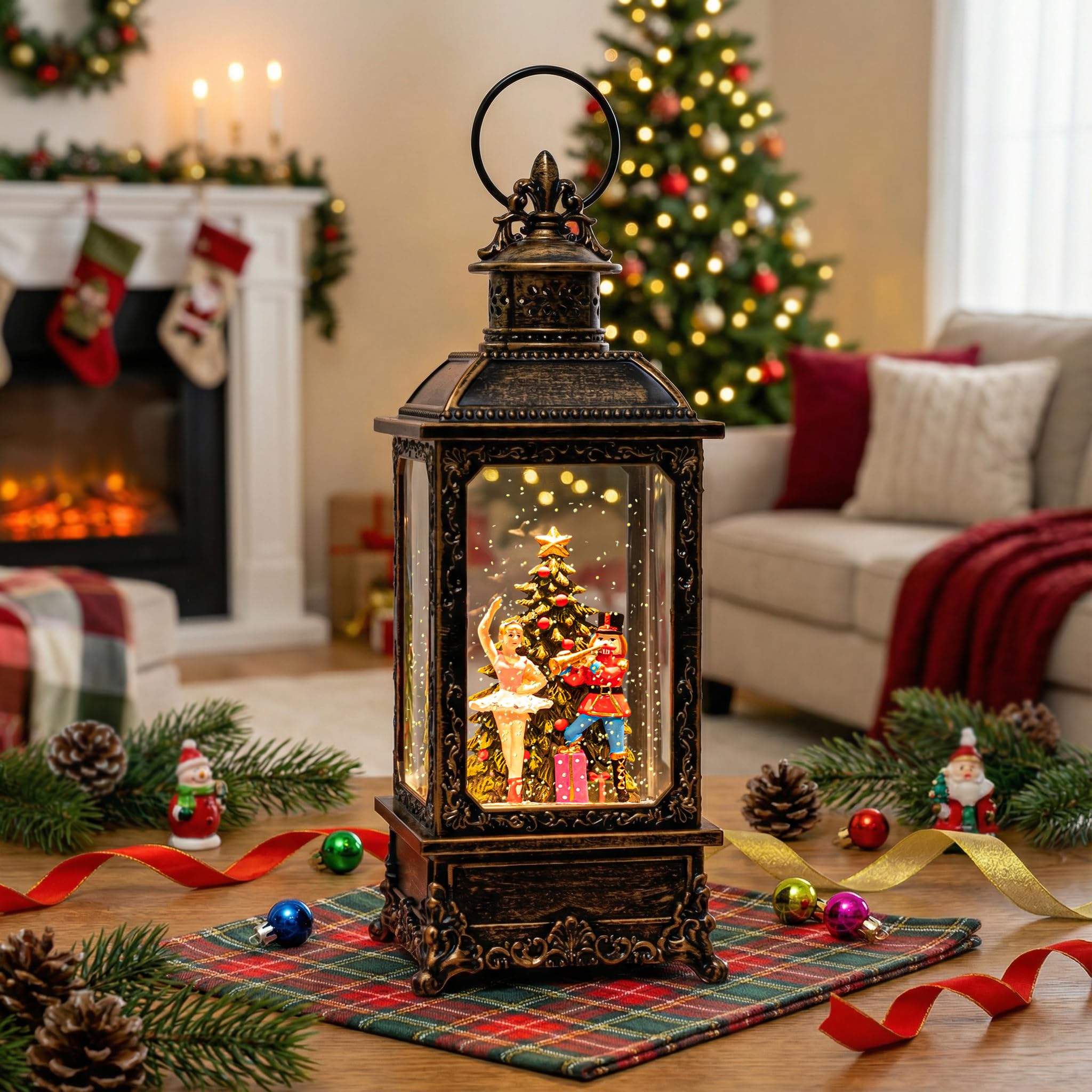 VISFLAIR lit on mantel at night creating cozy musical holiday ambiance