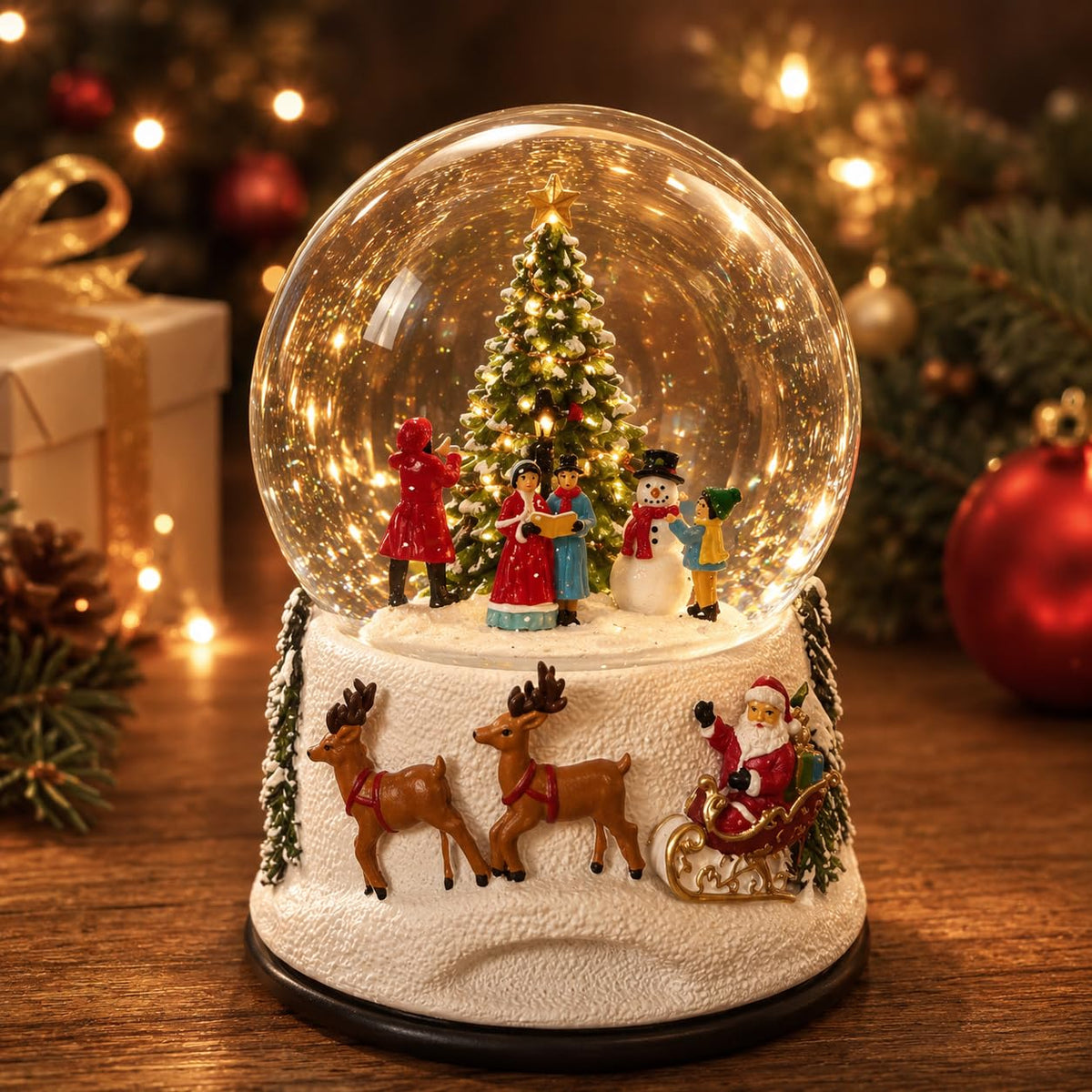 VISFLAIR front view showing lit Santa sleigh scene and glitter, festive ambiance