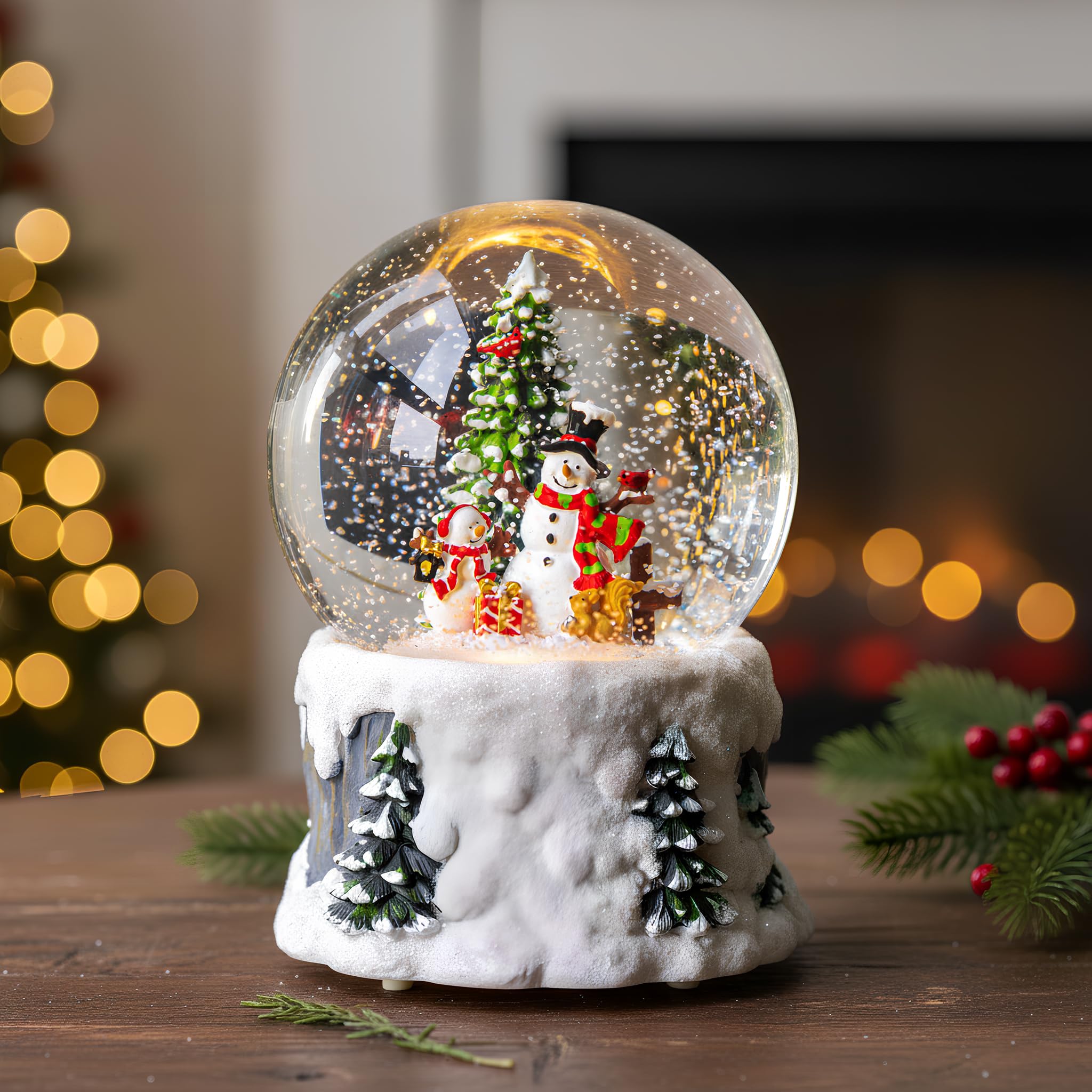 VISFLAIR swirling glitter motion inside globe creating animated snowfall effect