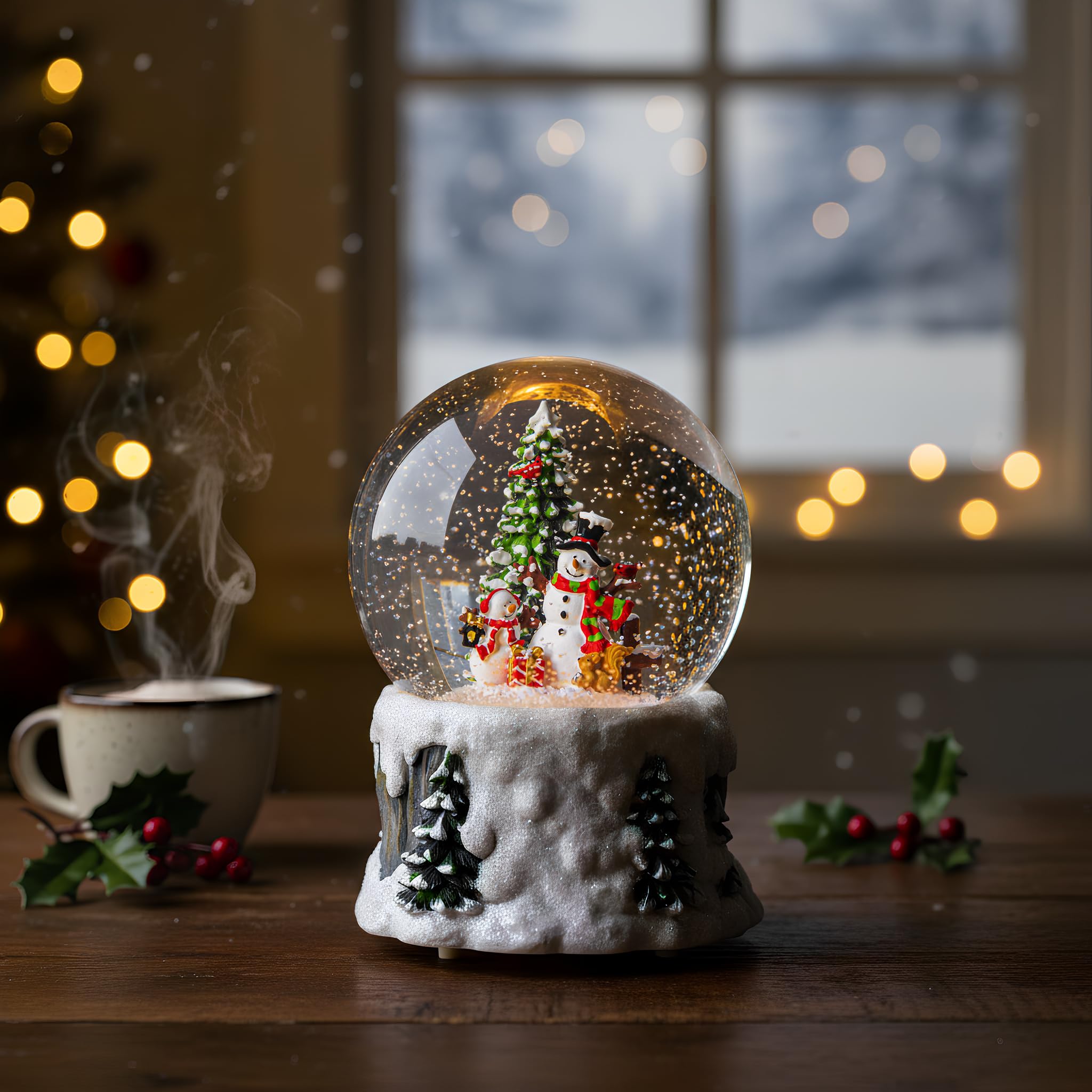 VISFLAIR snow globe next to a coffee mug to show real-life size and scale
