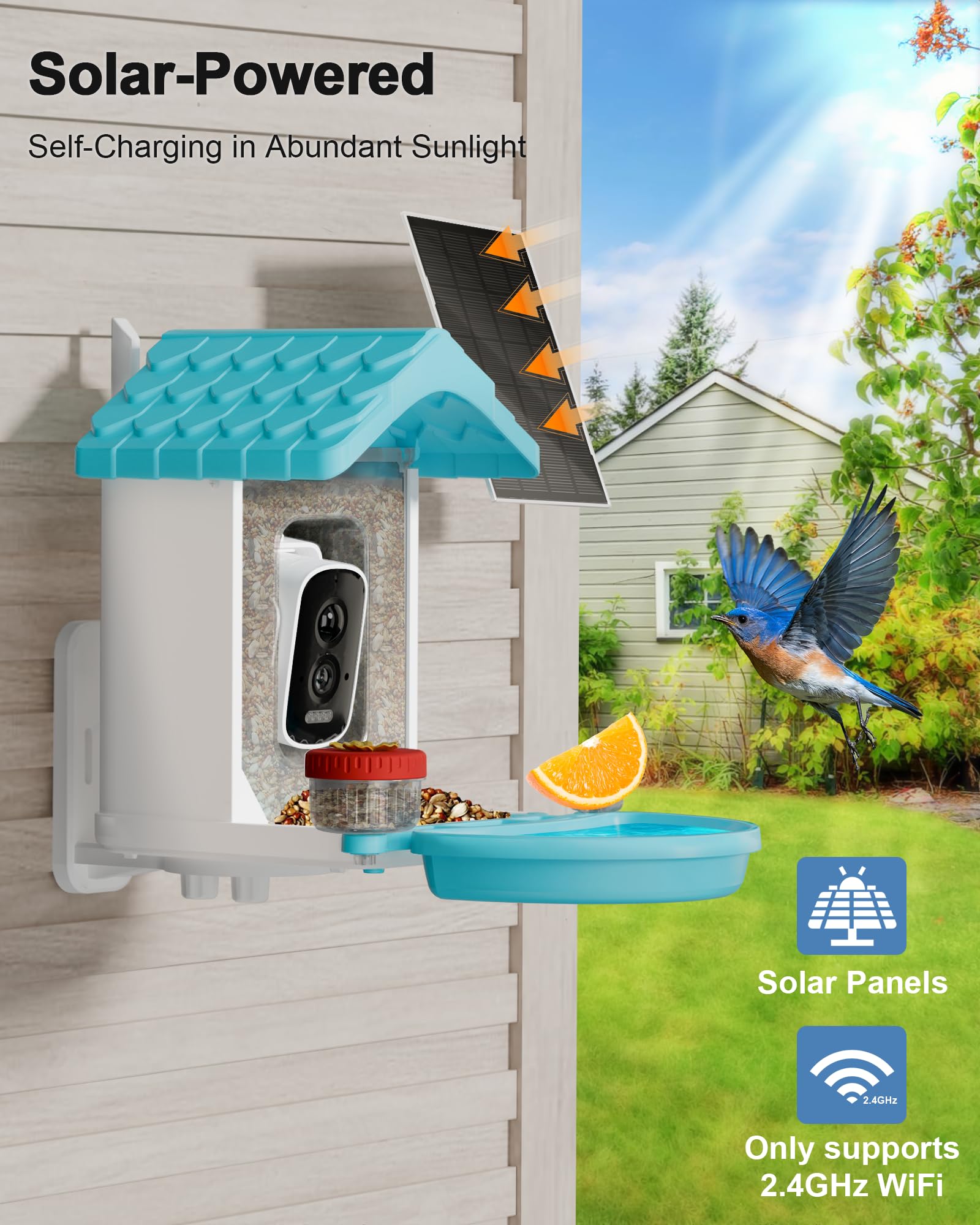 VISIOGEAR emitting squirrel deterrent signal, protecting seed for birds