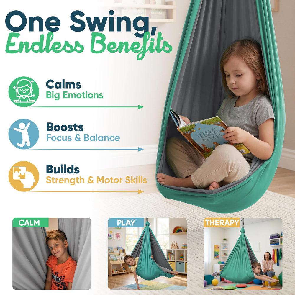 VISSE child using swing indoors for calming sensory break