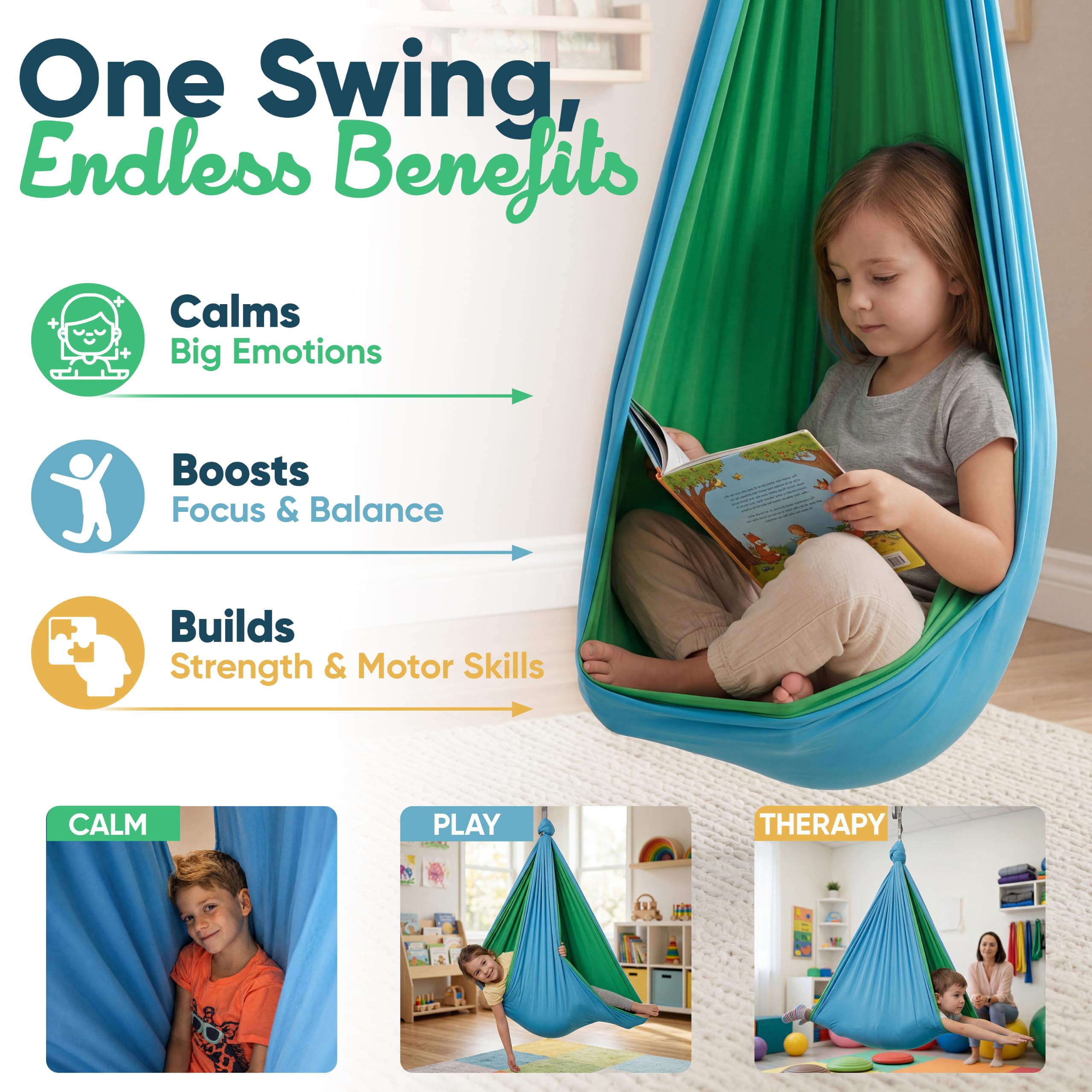 VISSE child using swing in living room providing calming, focused quiet time
