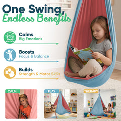 VISSE child using swing to read, showing calming supported posture