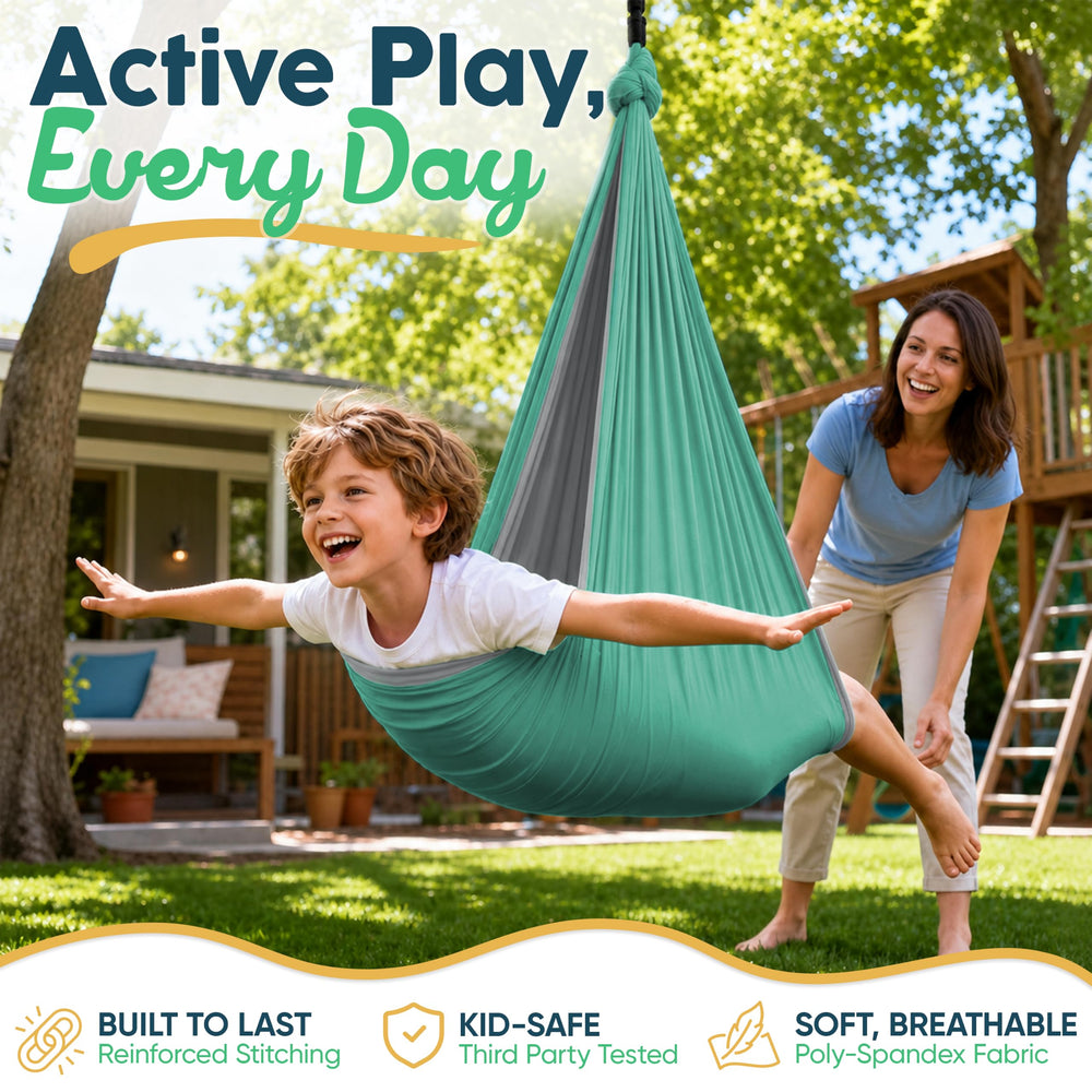 VISSE swing hung from tree branch for outdoor play and calm