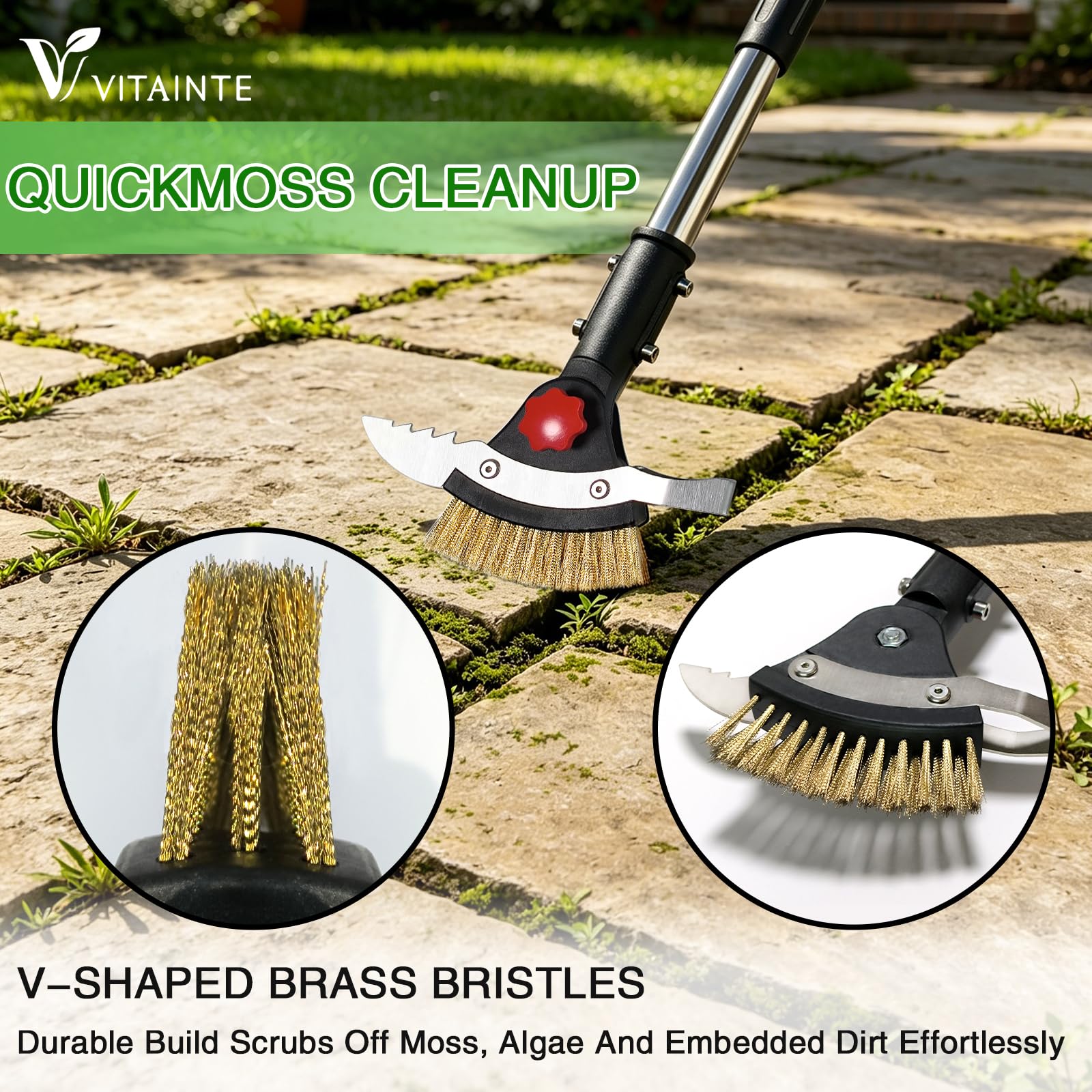 VITAINTE curved scraper inserted into a narrow pavement gap for cleaning