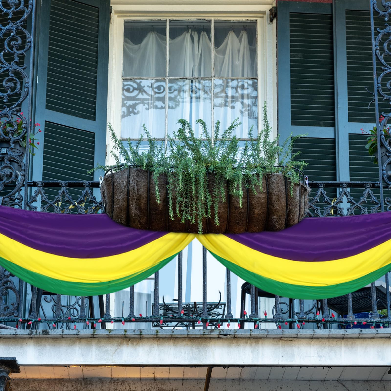 VitalCozy bunting hung on a porch rail creating festive curb appeal benefit