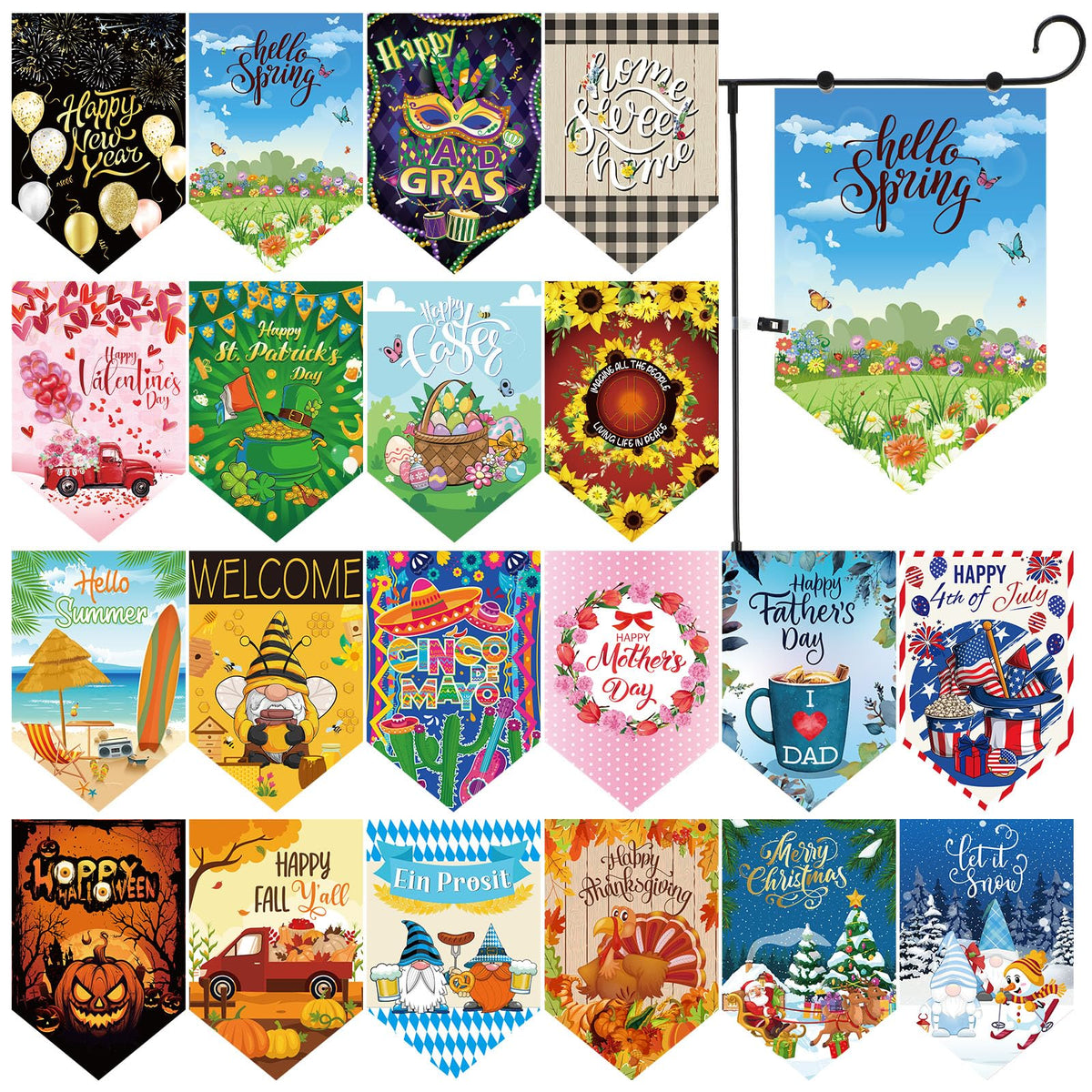 VitalCozy front pack of 20 seasonal flags showing variety and curb appeal