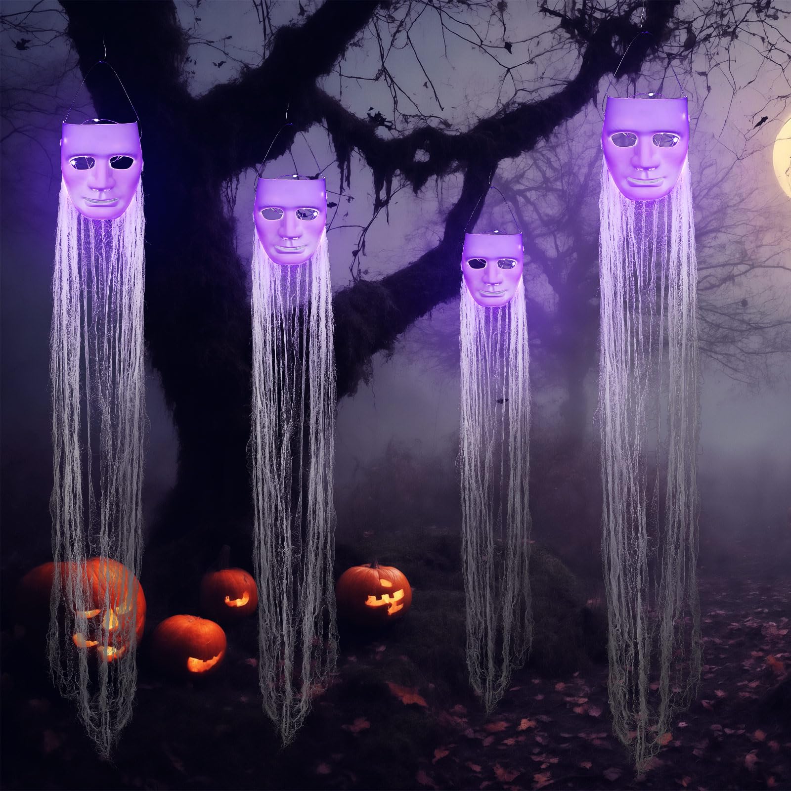 VitalCozy front view of four hanging ghosts creating cohesive outdoor décor