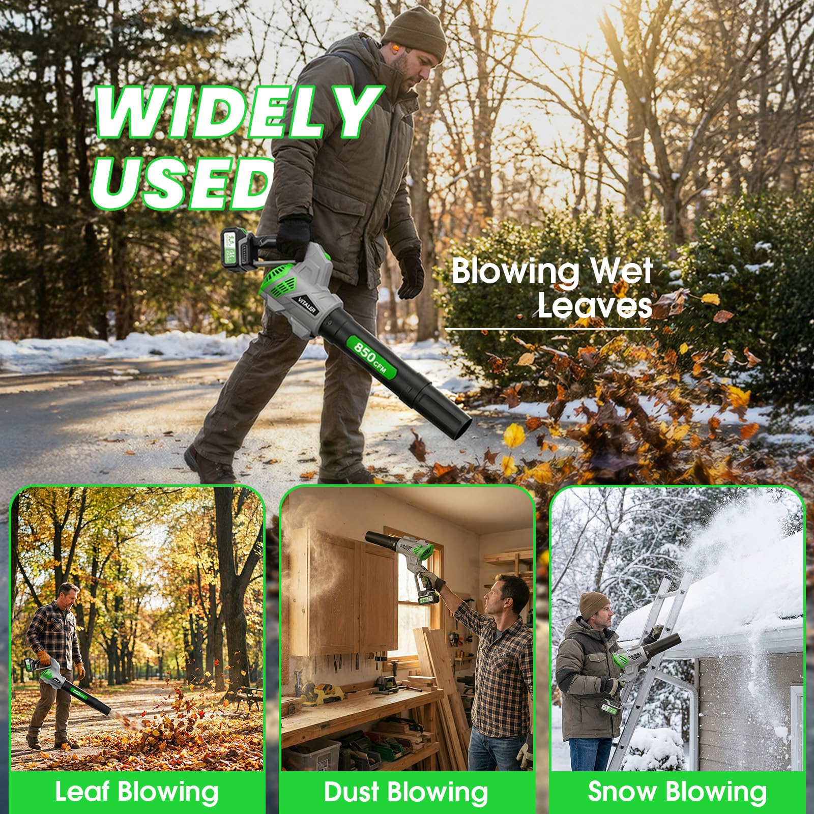 Vitaler in-use yard cleanup demonstrating strong airflow clearing leaves quickly
