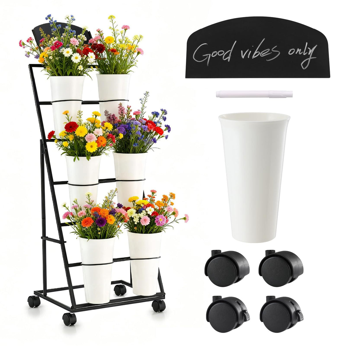 VitarBora front view of flower stand showing neat tiered display and organization