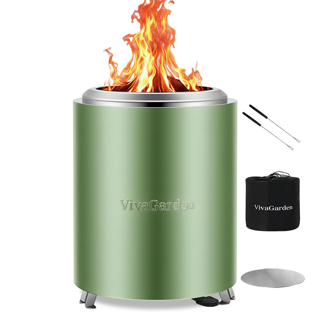Vivagarden front view showing compact tabletop fire pit and green finish for portable warmth