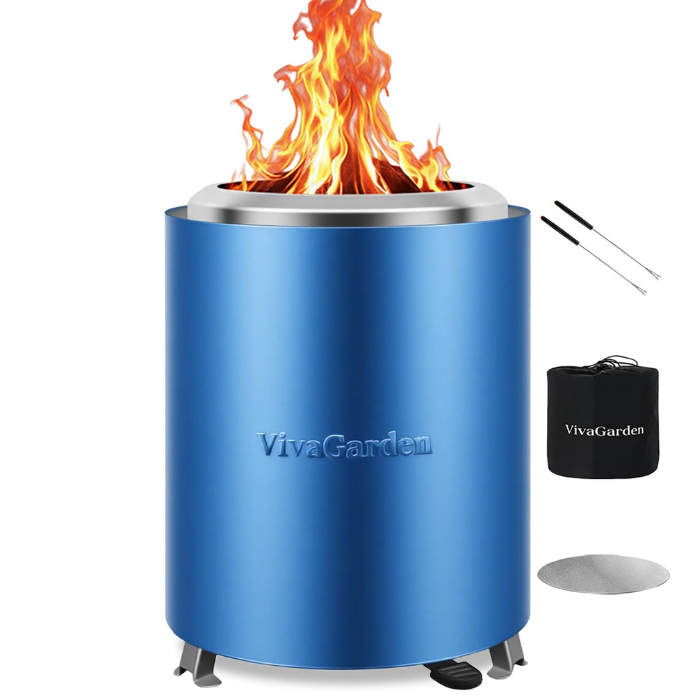 Vivagarden front view showing compact blue tabletop fire pit and tidy profile, ideal portability