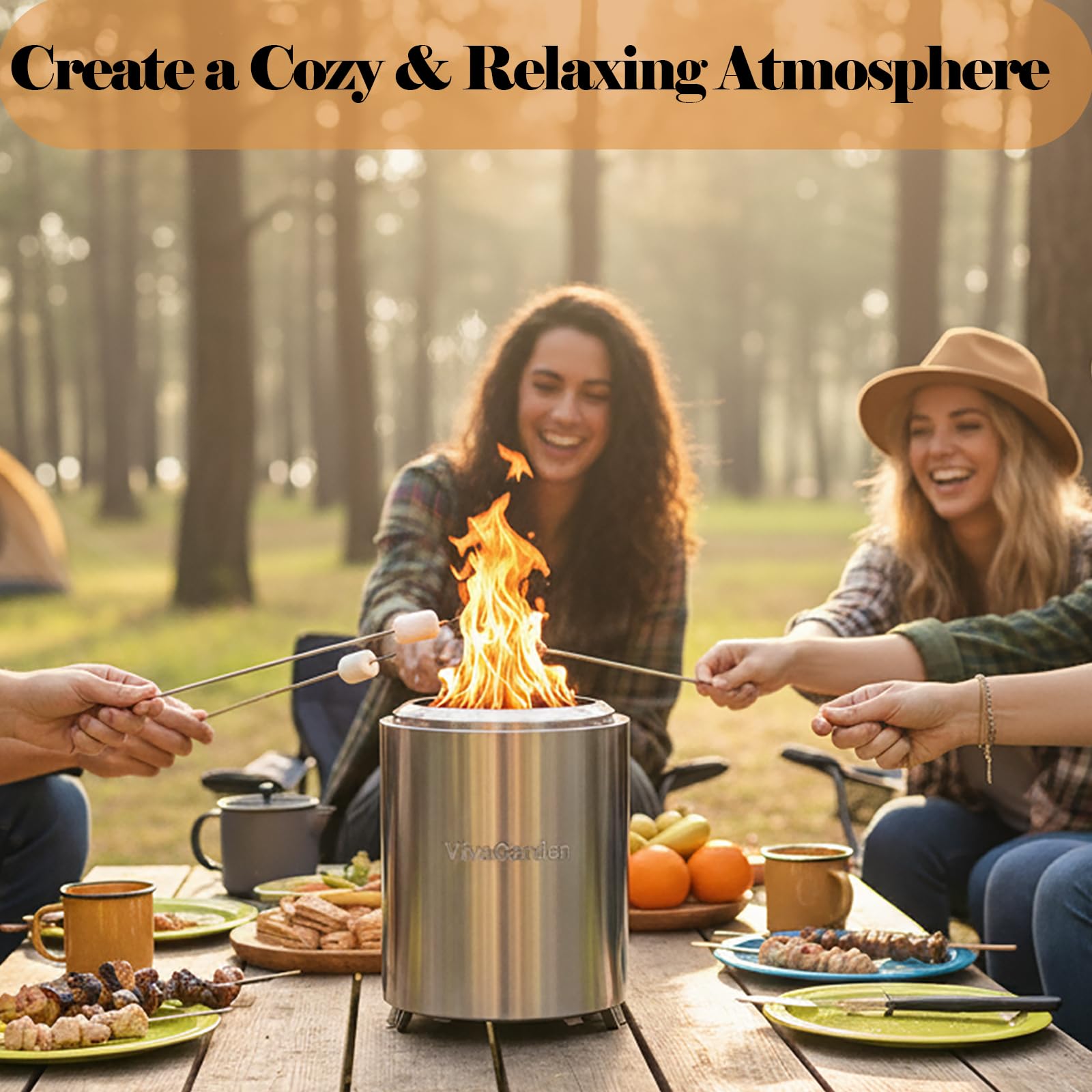 Vivagarden in use at campsite with roasting forks showing cooking and social warmth advantage