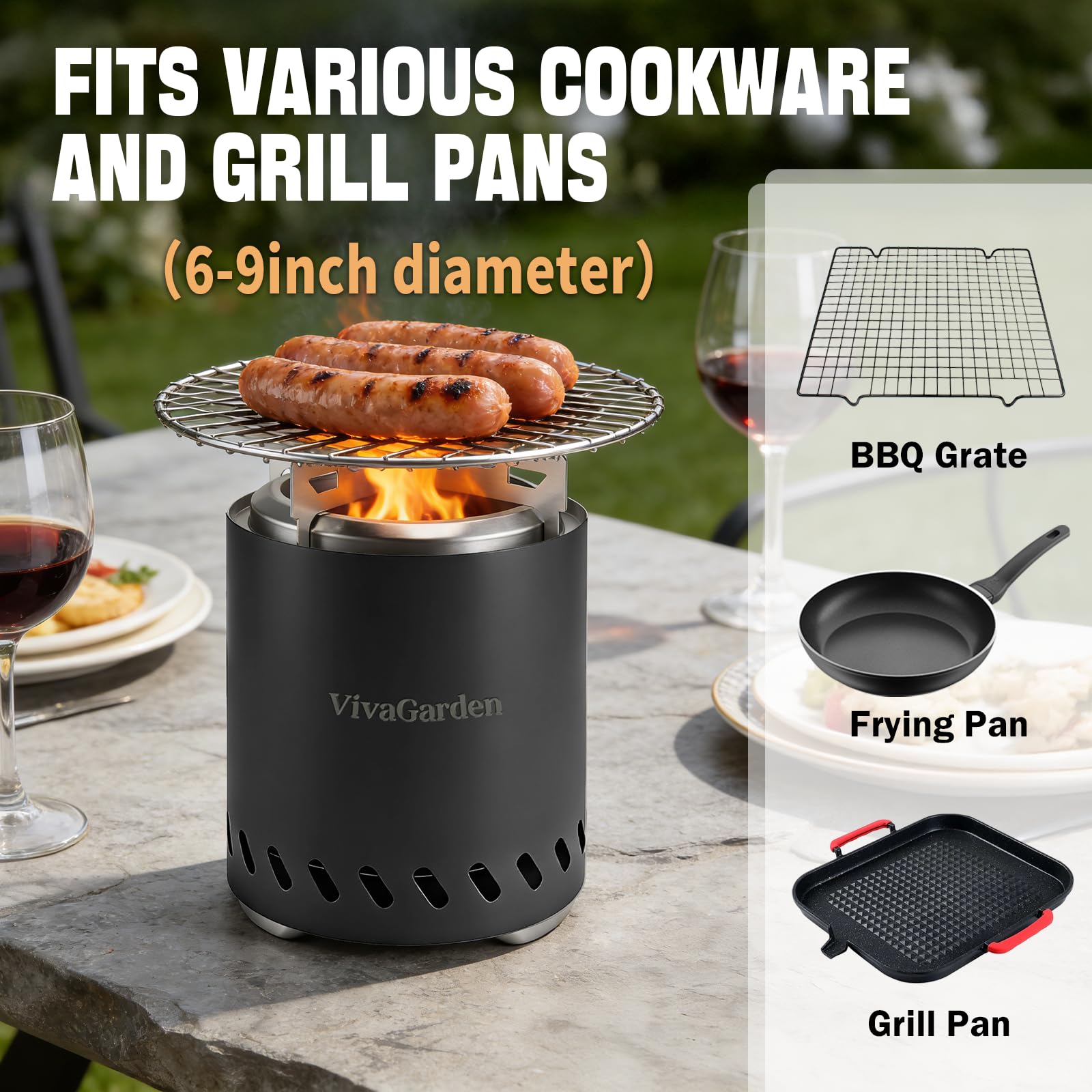 Vivagarden in-use on patio table creating cozy low-smoke atmosphere for guests
