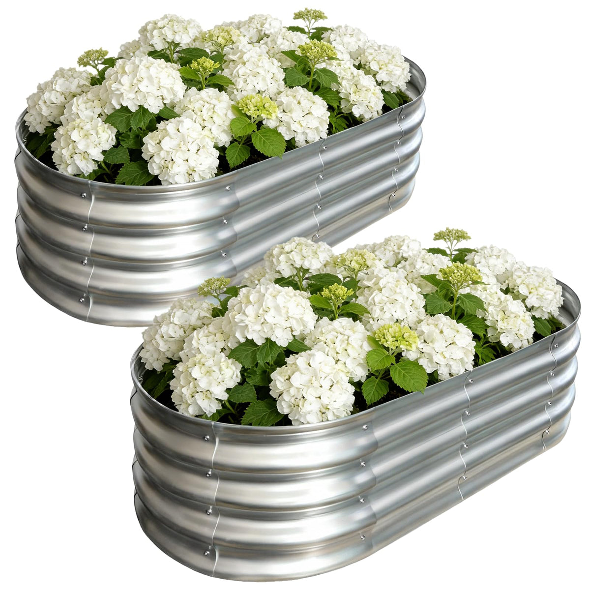 Vivagarden front view of two assembled metal raised beds, durable outdoor planter