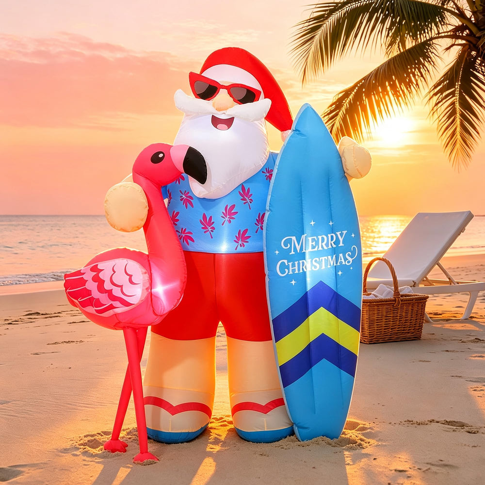 Vivantia front view of 6.5 ft Santa inflatable showing festive summer design and visibility