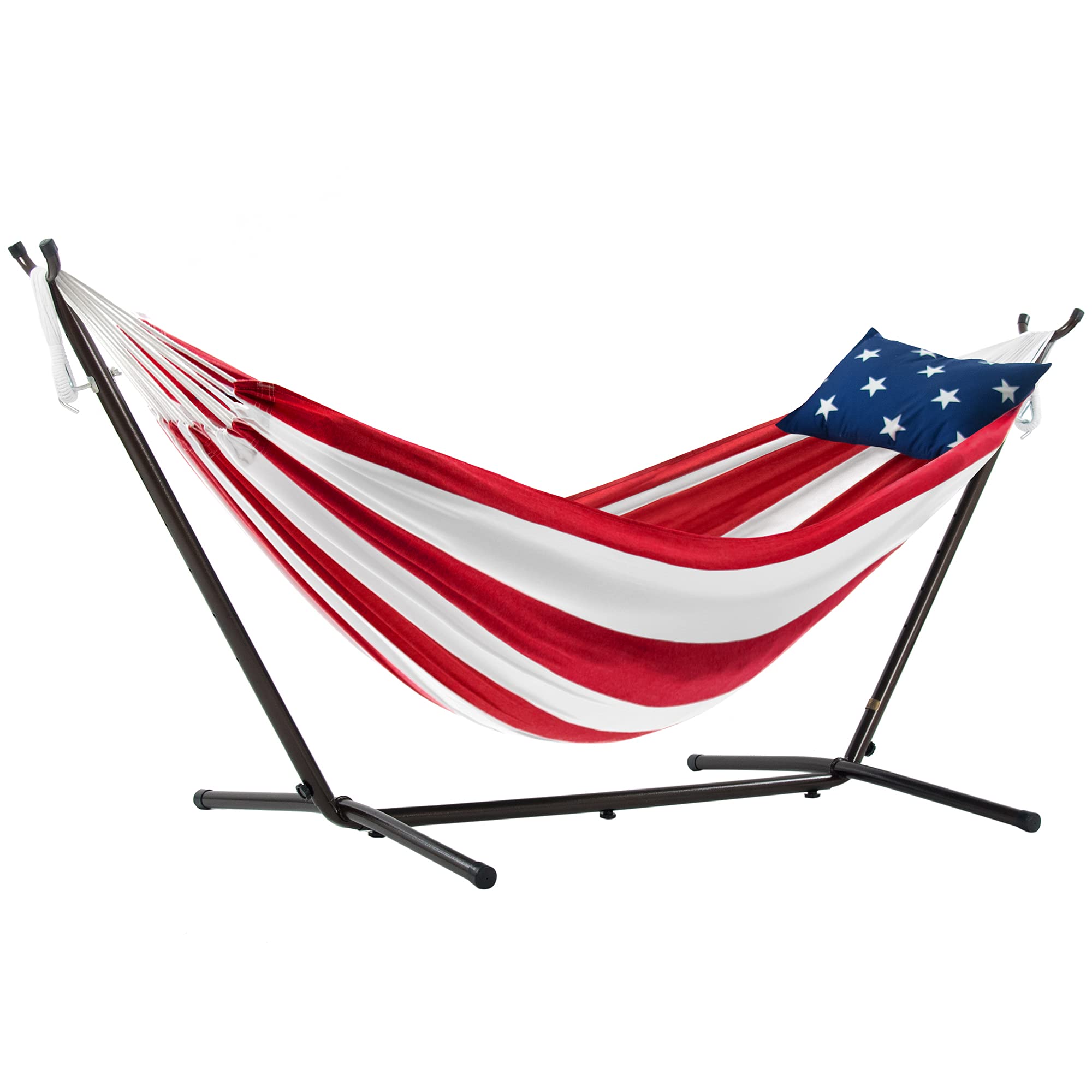 Vivere American Dream hammock front view showing red white blue design and pillow for patriotic relaxation