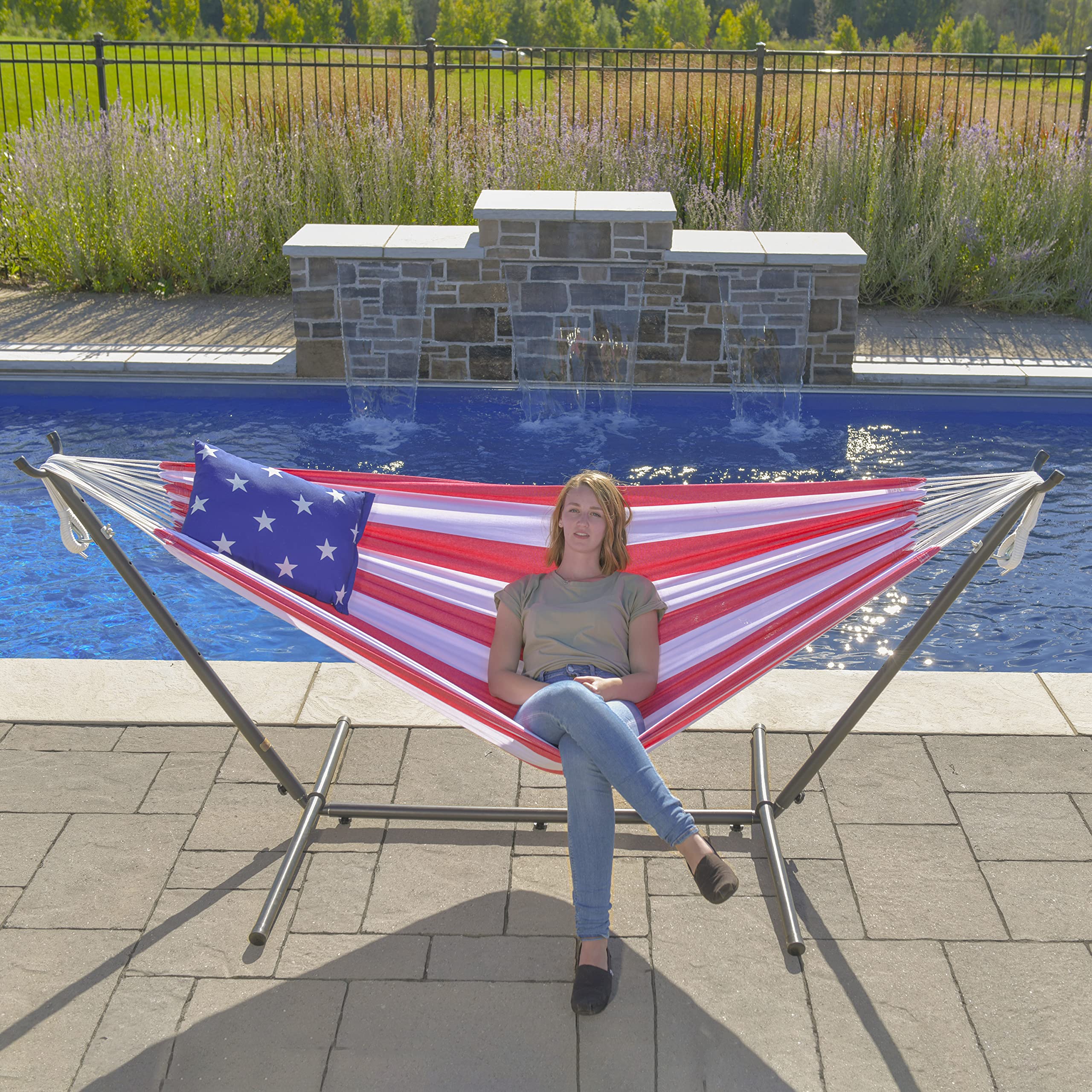 Vivere hammock stand assembled with hammock attached demonstrating easy tool-free setup and stability