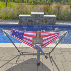 Vivere hammock stand assembled with hammock attached demonstrating easy tool-free setup and stability