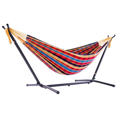 Vivere front view of hammock and stand showing full set and portability benefit