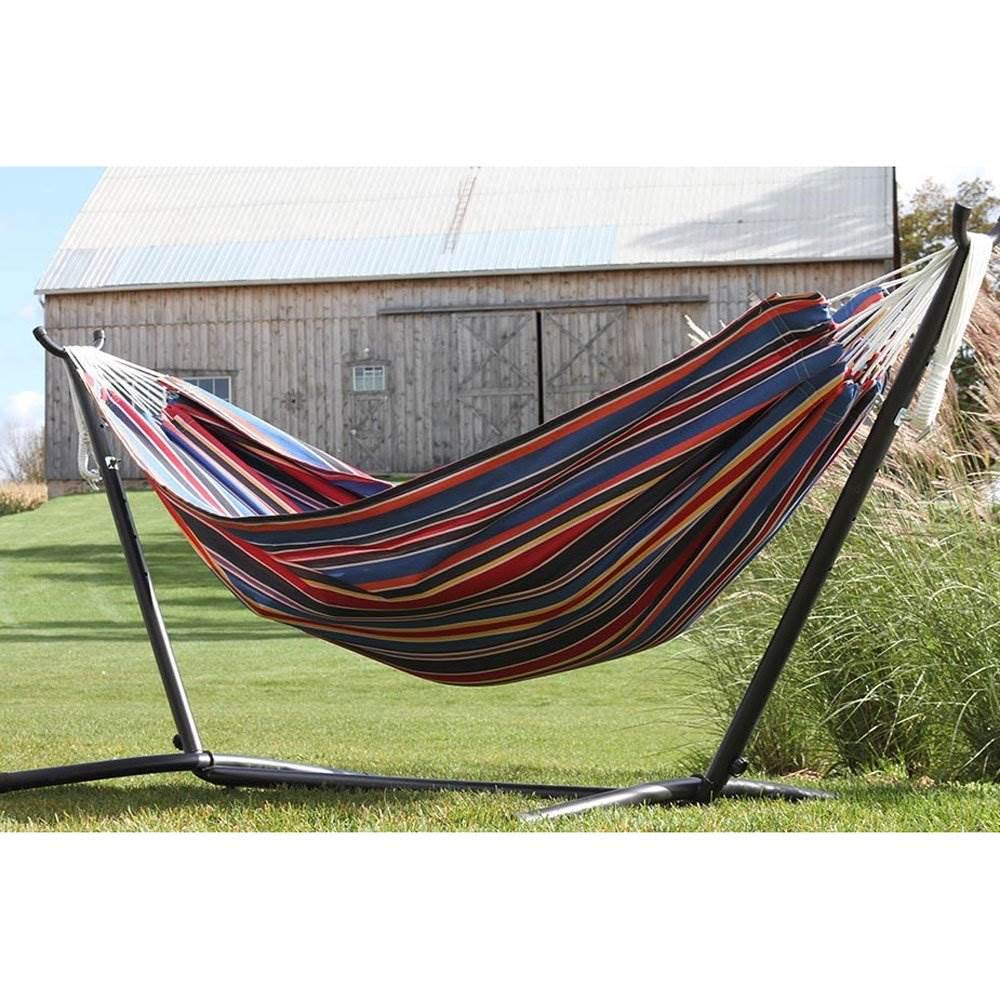 Vivere backyard setup with stand and hammock showing easy outdoor relaxation