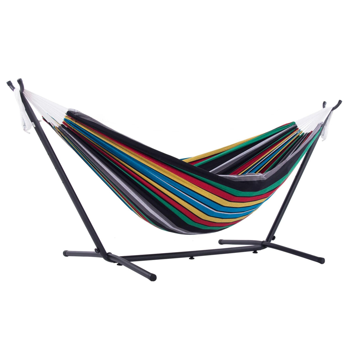Vivere Rio Night front view of hammock set up showing roomy bed and stand benefit