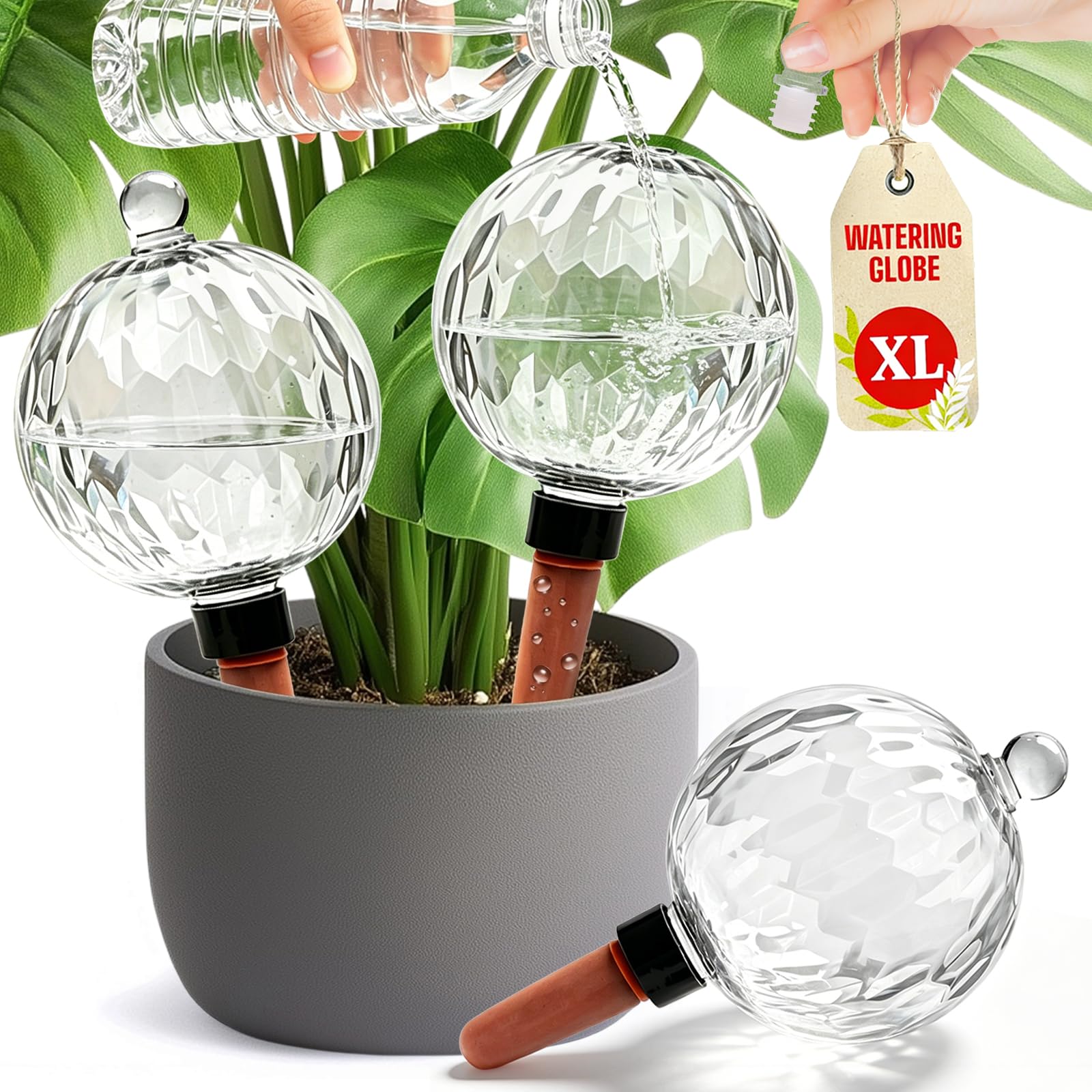 Vividaire front view of three watering globes showing tidy home decor benefit