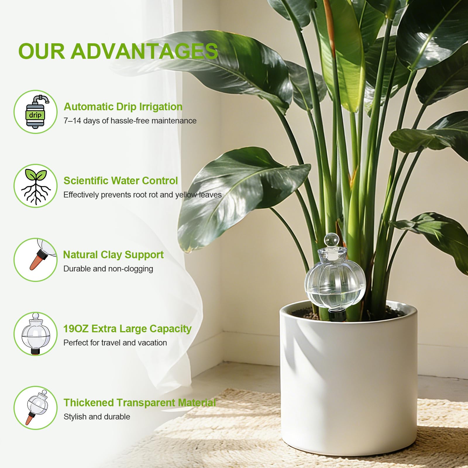 Vividaire side profile of filled globe illustrating 18 oz capacity and long watering periods
