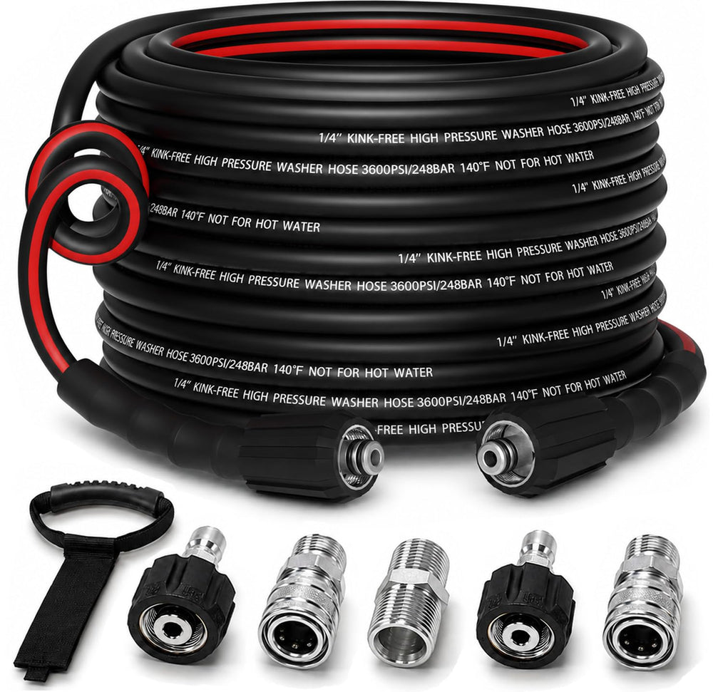 VividWash front view of 50ft pressure washer hose showing packaging and length benefit