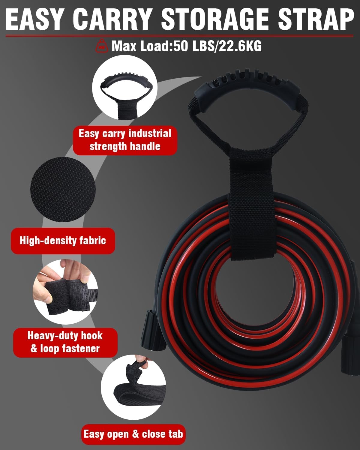 VividWash 50ft hose laid out next to a measuring tape to show true length and coverage