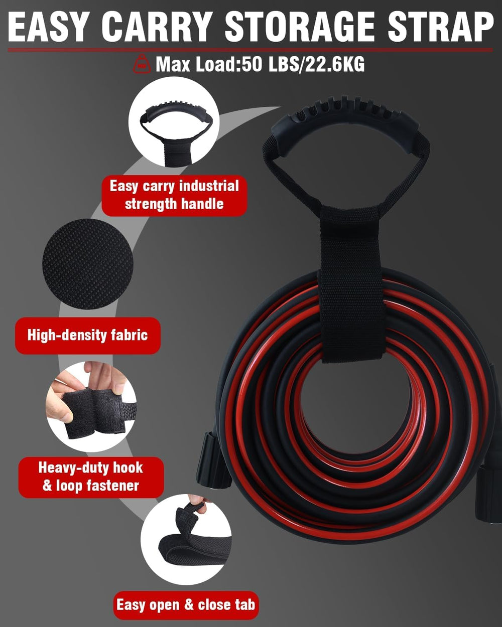 VividWash 50ft hose laid out next to a measuring tape to show true length and coverage