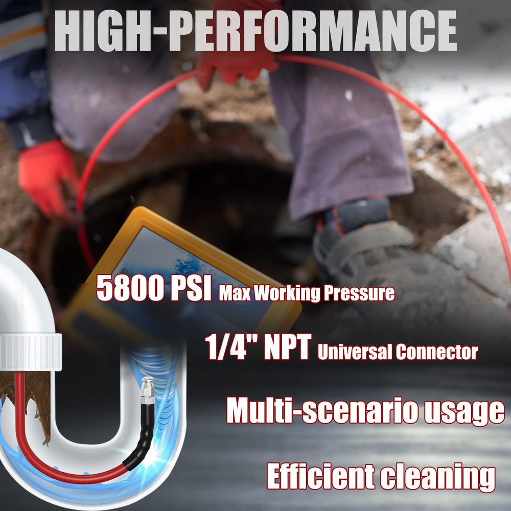 VividWash hose next to measuring tape showing 100ft scale and reach