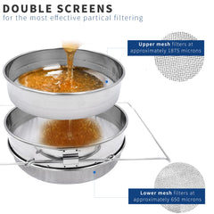 VIVO strainer positioned over 5-gallon bucket showing direct drain and efficient collection