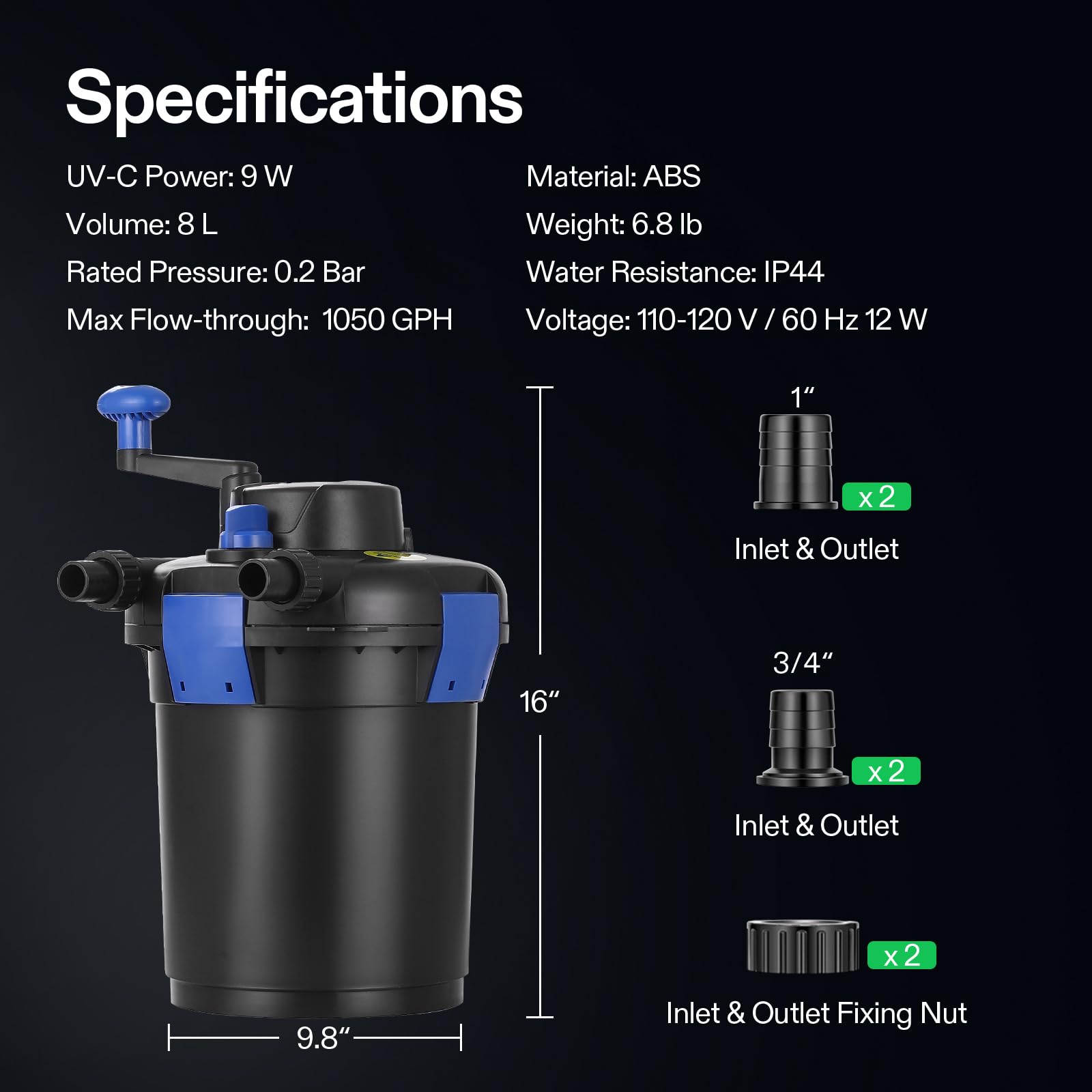VIVOGROW filter next to a garden hose for scale showing compact footprint and easy placement