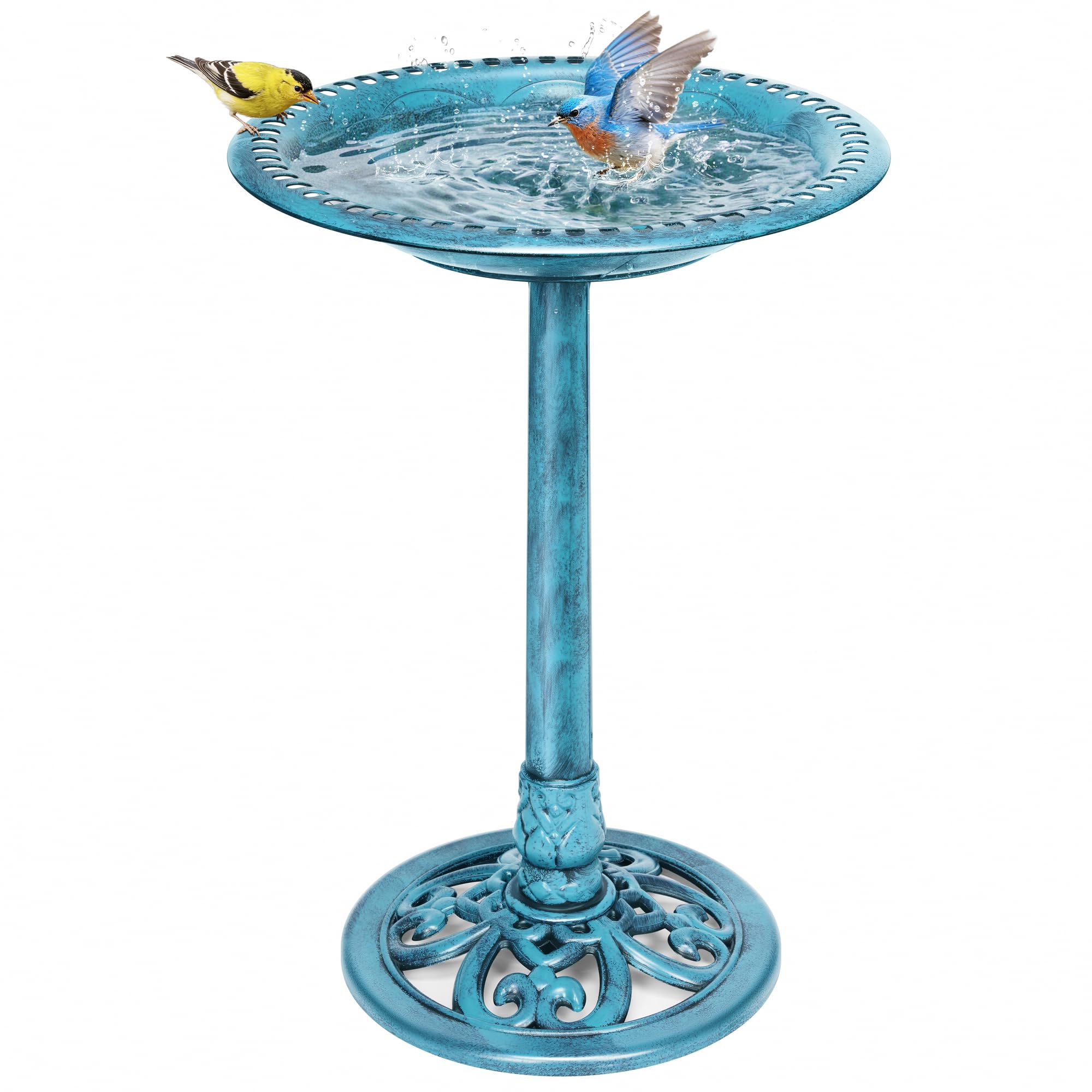 VIVOHOME front view of blue pedestal bird bath showing whole unit and benefits