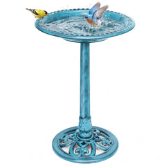 VIVOHOME front view of blue pedestal bird bath showing whole unit and benefits