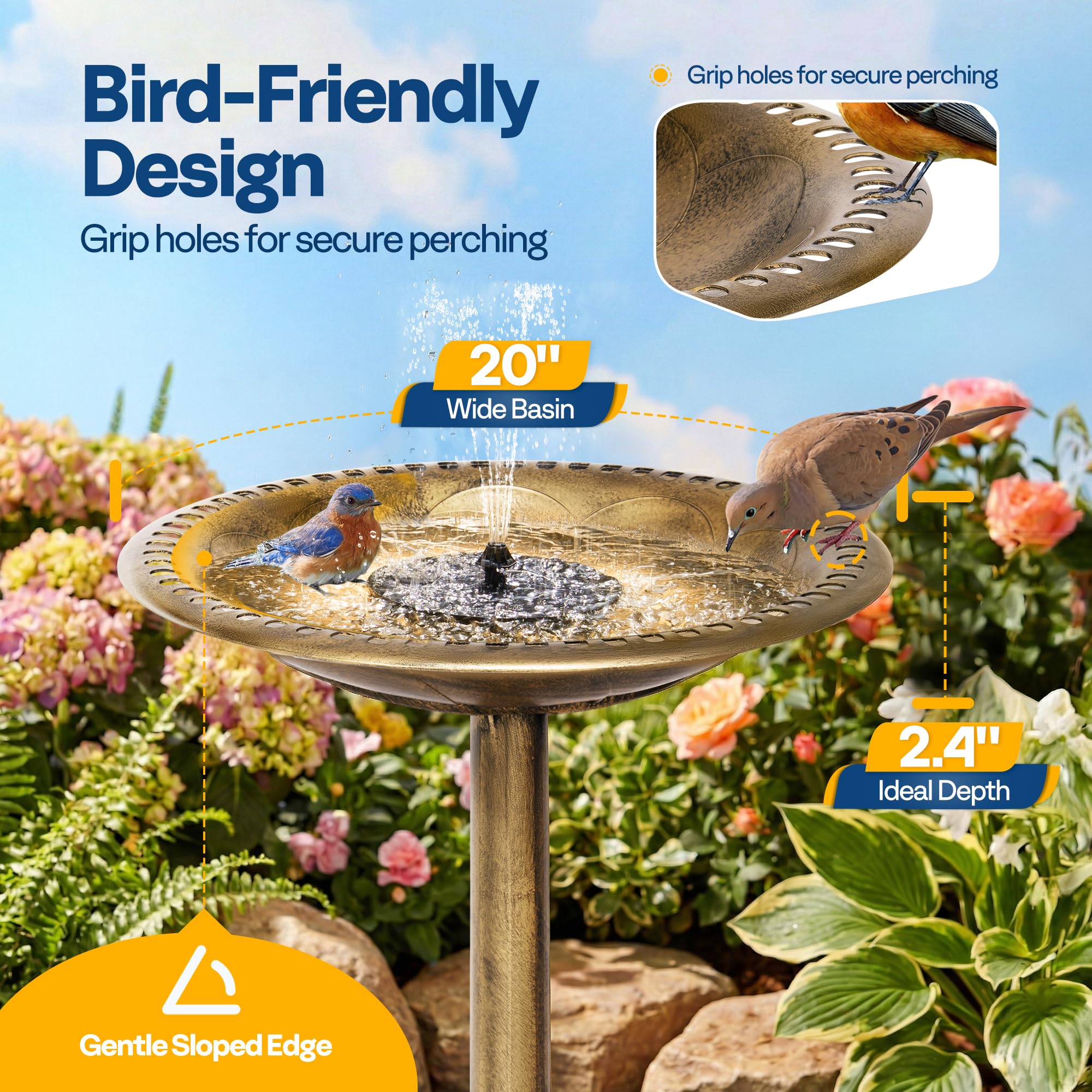 VIVOHOME bird bath with small songbirds using the water feature, encourages backyard wildlife