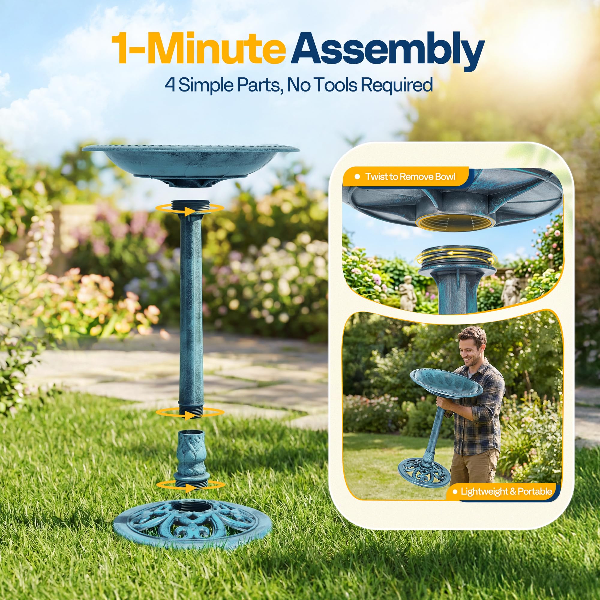 VIVOHOME bird bath beside hand for scale showing portable lightweight design
