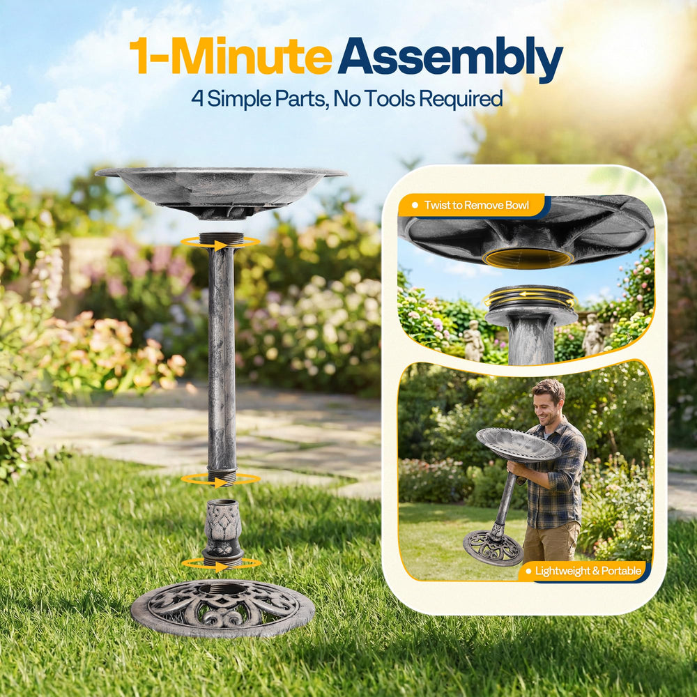 VIVOHOME bird bath next to chair showing scale and placement guidance benefit
