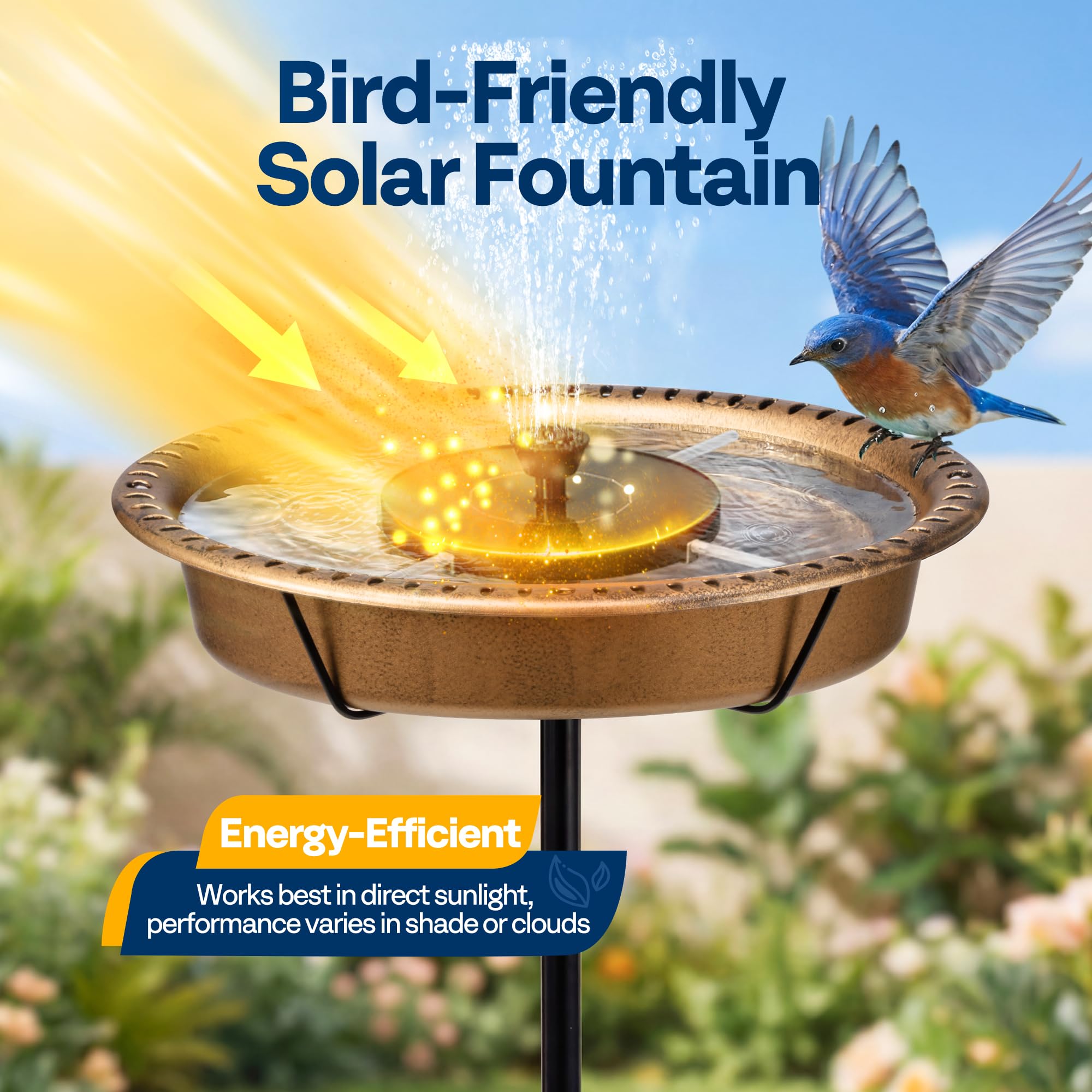 VIVOHOME solar fountain top view showing three nozzles and gentle water motion benefit